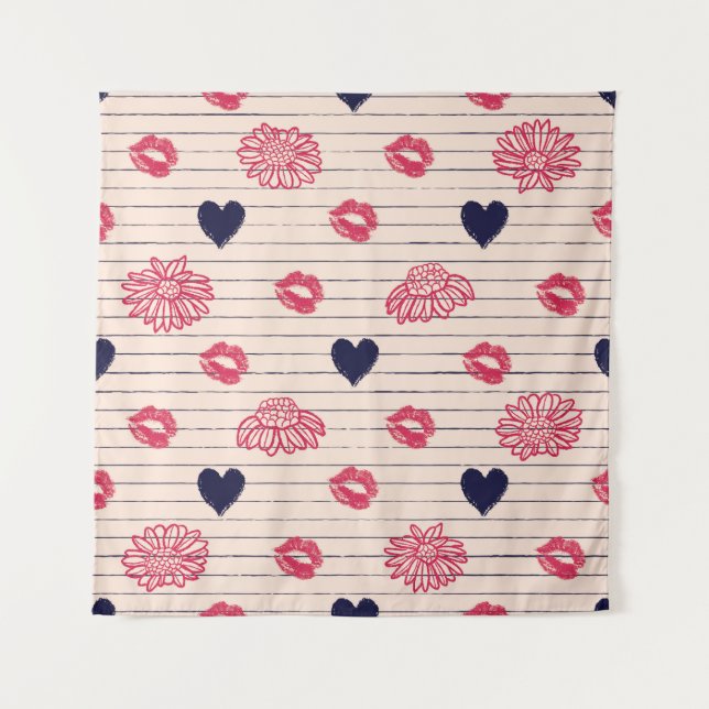 Red hearts, lips, daisies pattern. tapestry (Front)