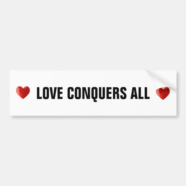 Red Hearts & Love Conquers All Text on White Bumper Sticker (Front)