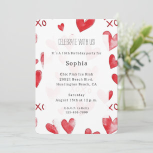 Red Hearts Love XOXO Birthday Invitation