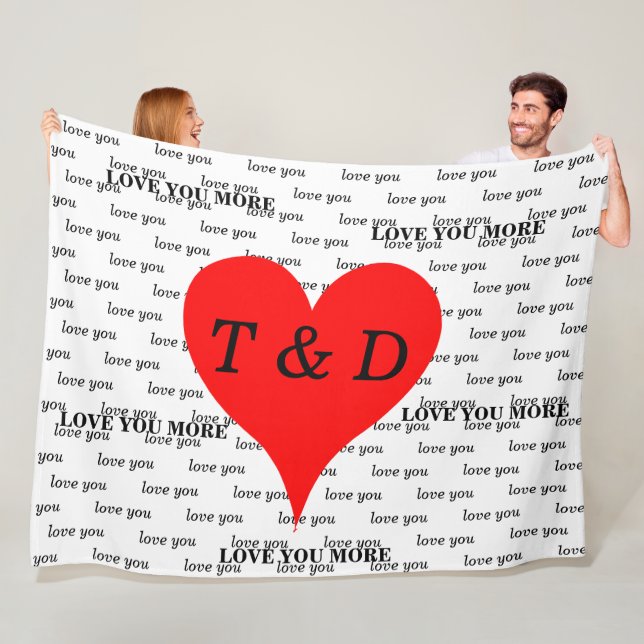 Red Hearts Love You Love You More Monogram Fleece Blanket (In Situ)