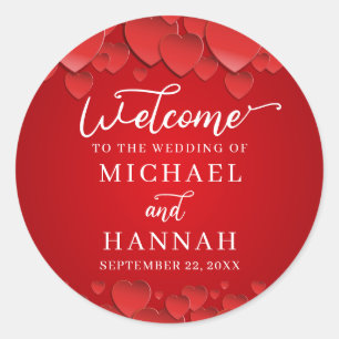 Red Hearts Modern Elegant Wedding Welcome Classic Round Sticker