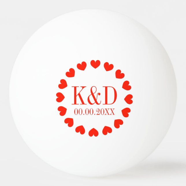 Red hearts monogram wedding party favour ping pong ball (Front)