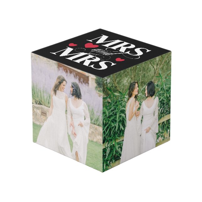 Red Hearts Mrs and Mrs Wedding Photos Cube (Front Angled)