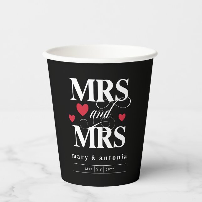 Red Hearts Mrs & Mrs Lesbian Wedding Black Paper Cups (Front)