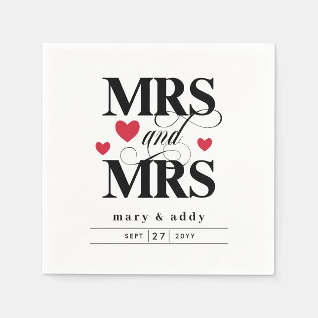 Red Hearts Mrs & Mrs Lesbian Wedding Napkin (Front)