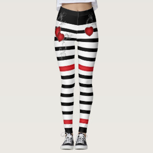 Red Hearts on Black and White Leggings