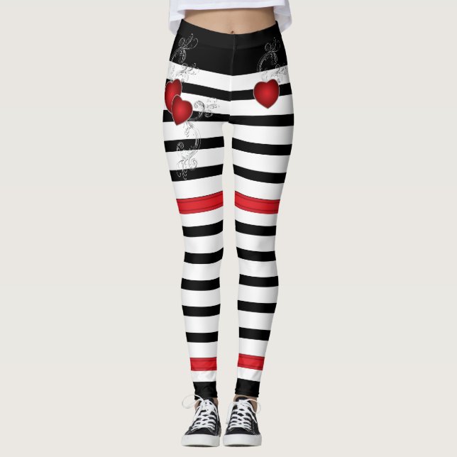 Red Hearts on Black and White Leggings (Front)