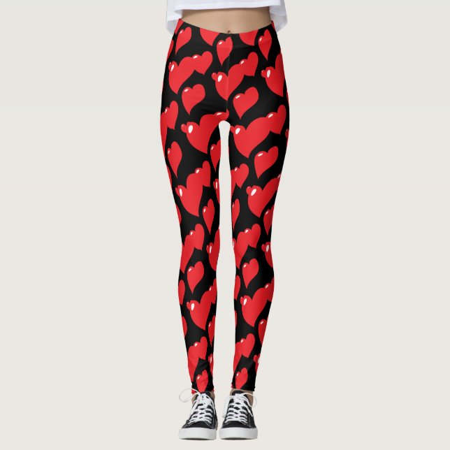 "Red Hearts on Black Background" Leggings (Front)