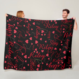 Red Hearts on Black Blanket with Name