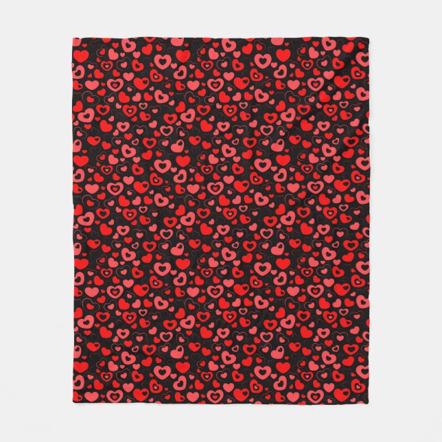 Red Hearts on black Fleece Blanket (Front)