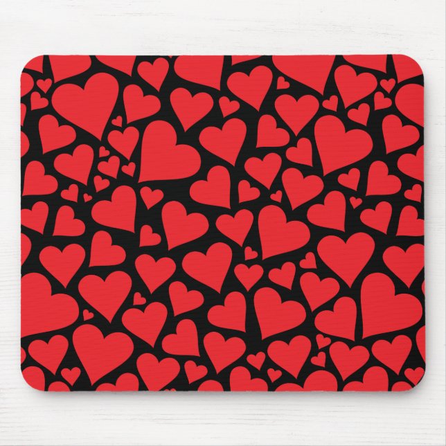 Red Hearts on Black Mouse Pad (Front)