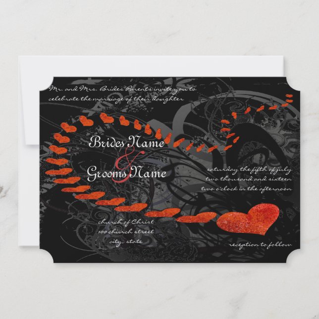 Red Hearts on Black Swirls Wedding Invitation (Front)