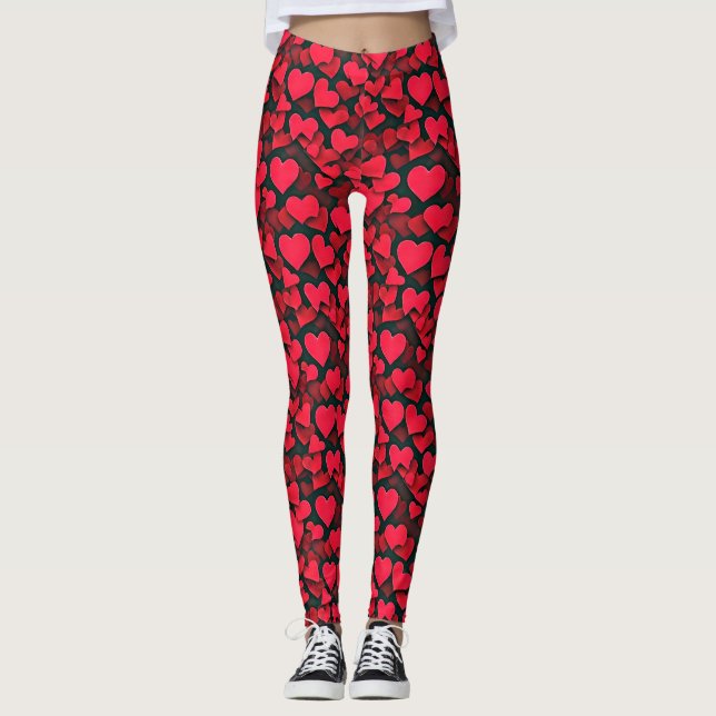 Red hearts on black valentine  leggings (Front)