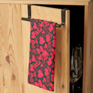 Red hearts on black valentine tea towel
