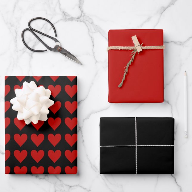 Red Hearts on Black w/Solids Wrapping Paper Sheet (Front)