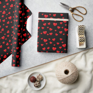 Red Hearts On Black Wrapping Paper