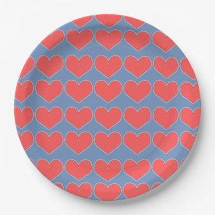 Red Hearts on Blue Pattern Paper Plate