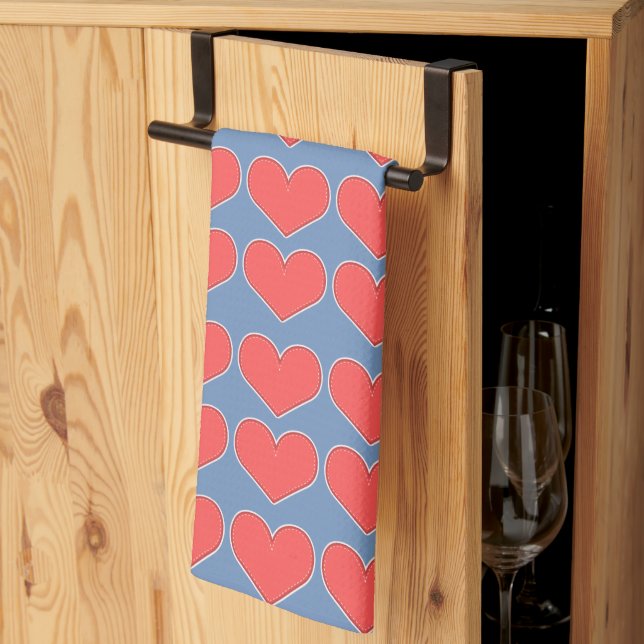 Red Hearts on Blue Pattern Tea Towel (Thirds Fold)
