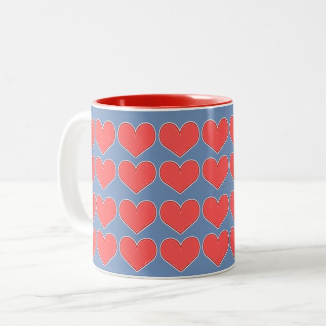 Red Hearts on Blue Pattern Two-Tone Coffee Mug (Front Left)