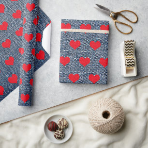 Red Hearts on Denim Wrapping Paper