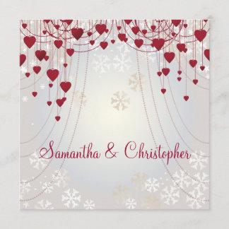 Red Hearts on Radiant White and Snowflakes Wedding Invitation
