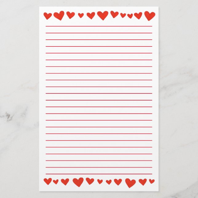 Red Hearts on White Lined Stationery (Front)