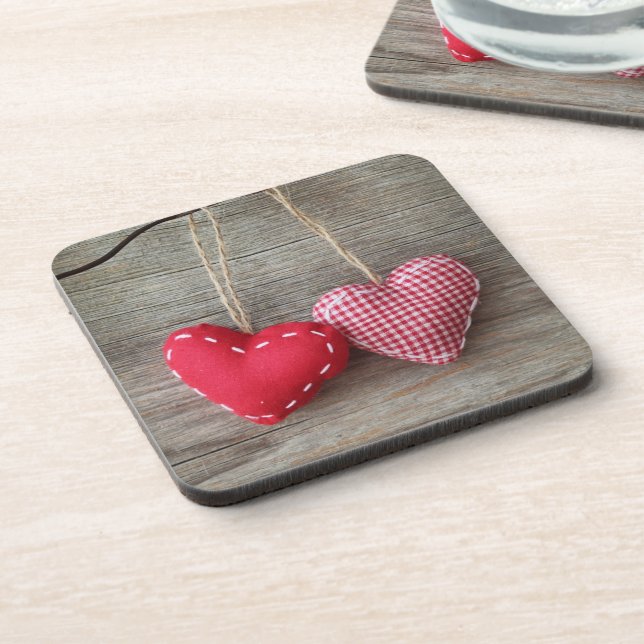 Red Hearts on Wooden Table 2 Coaster (Left Side)