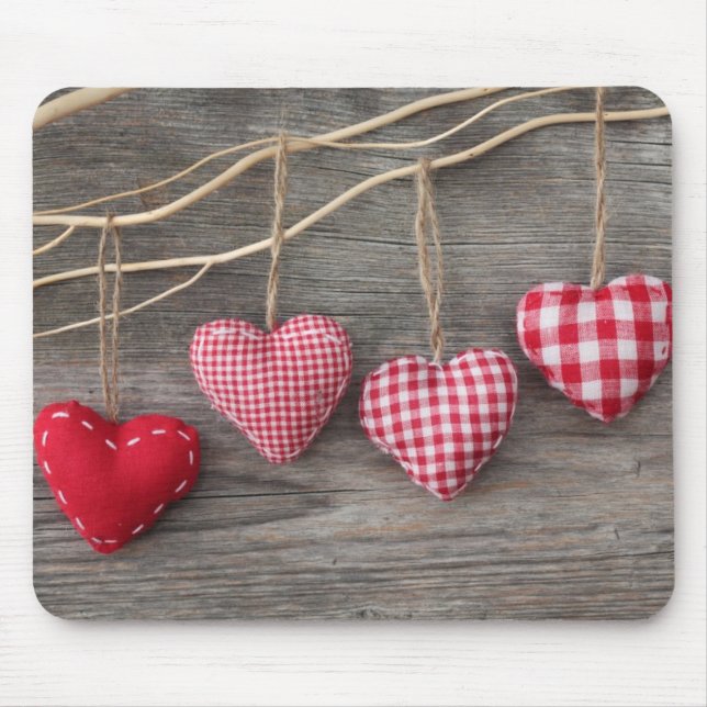 Red Hearts on Wooden Table Mouse Mat (Front)