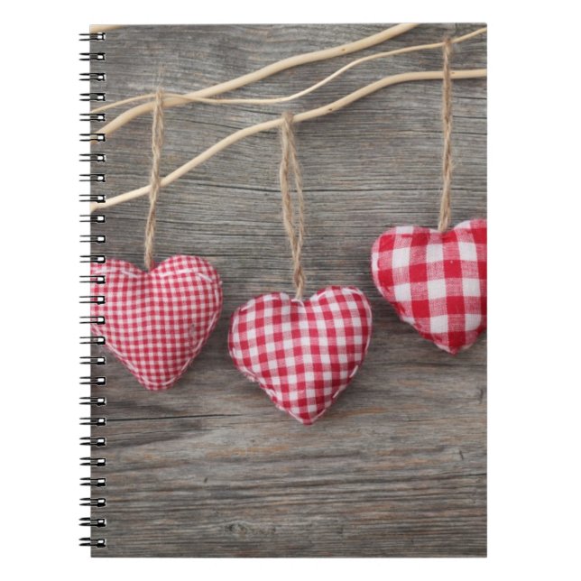 Red Hearts on Wooden Table Notebook (Front)