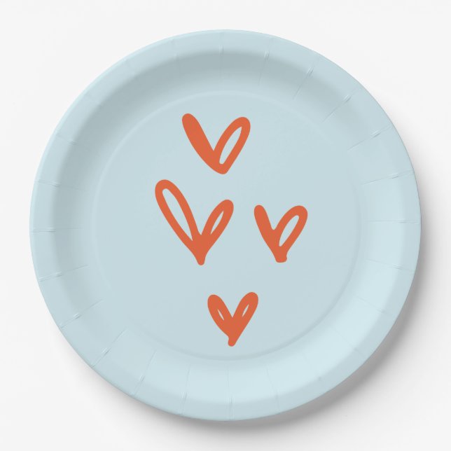 Red Hearts Pastel Blue Paper Plate (Front)