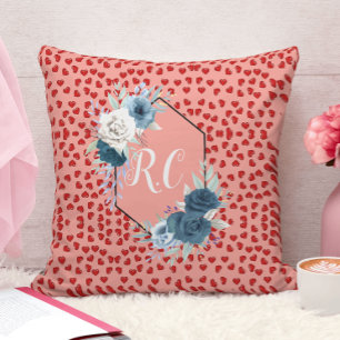 red hearts pattern and blue floral monogrammed cushion