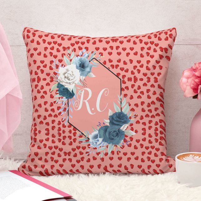 red hearts pattern and blue floral monogrammed cushion (Creator Uploaded)