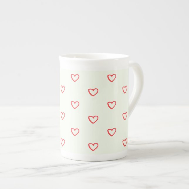 Red Hearts Pattern, Cute, Love Bone China Mug (Front Right)
