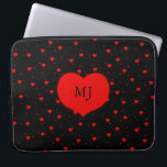 Red Hearts Pattern Laptop Sleeve<br><div class="desc">Cute red hearts seamless pattern with black background. Large red heart and custom monogram.</div>