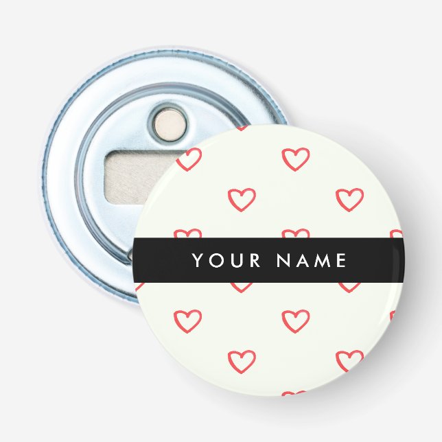Red Hearts Pattern, Love, Your Name, Personalise Bottle Opener (Front)