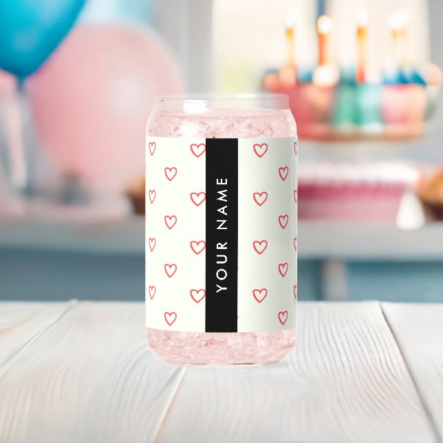 Red Hearts Pattern, Love, Your Name, Personalise Can Glass (Insitu (Baby Shower))