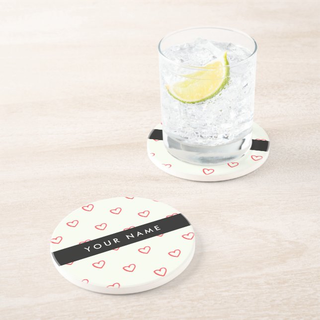 Red Hearts Pattern, Love, Your Name, Personalise Coaster (Side)