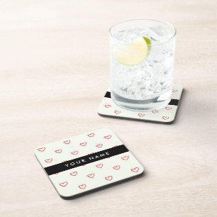 Red Hearts Pattern, Love, Your Name, Personalise Coaster