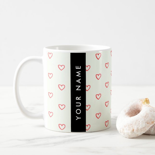 Red Hearts Pattern, Love, Your Name, Personalise Coffee Mug (With Donut)
