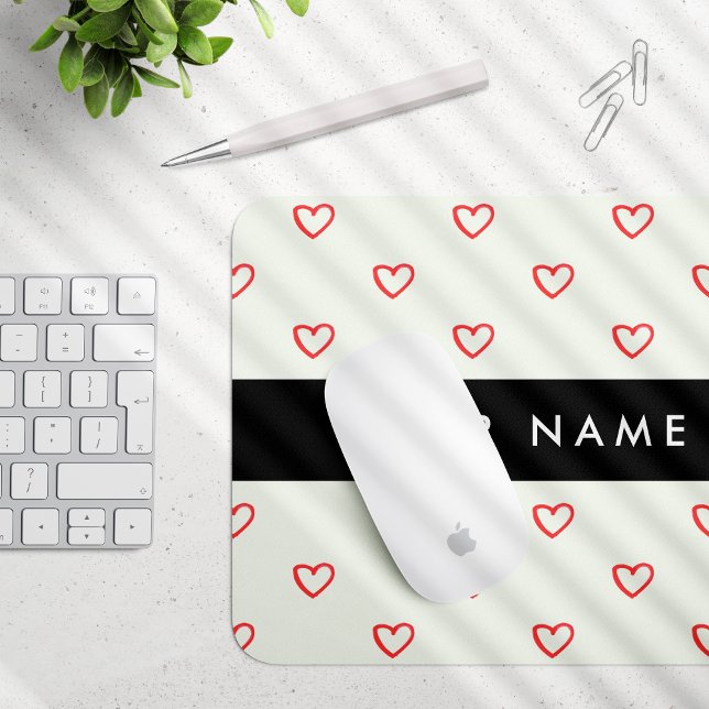 Red Hearts Pattern, Love, Your Name, Personalise Mouse Mat (Creator Uploaded)