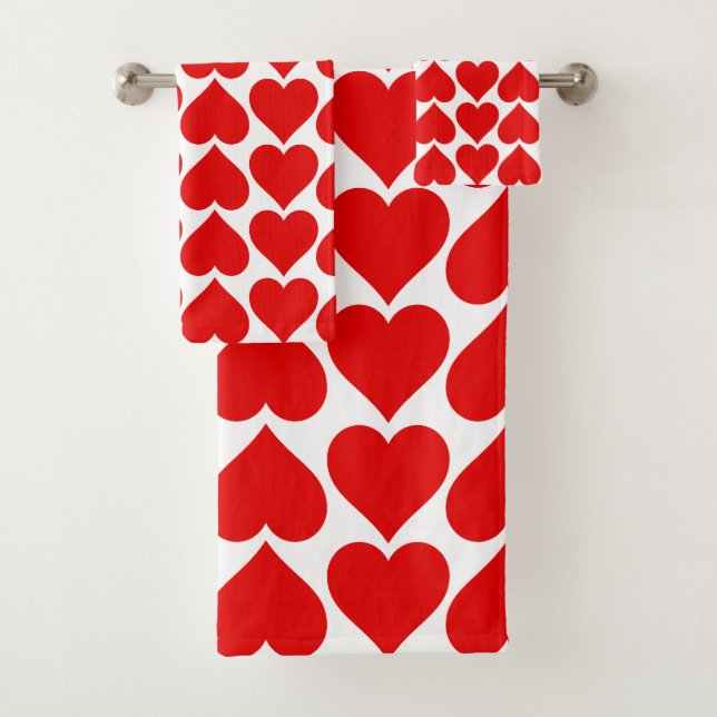 Red Hearts Pattern, Romantic, Love Bath Towel Set (Insitu)