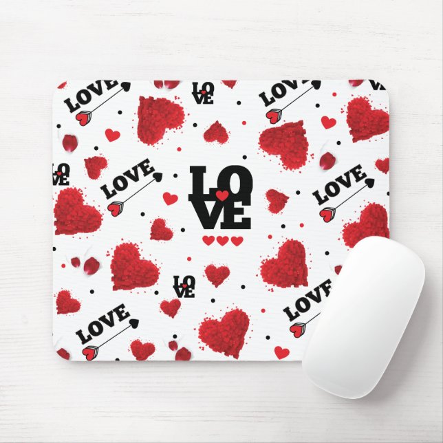Red Hearts Pattern Valentine's Day Mouse Mat (With Mouse)