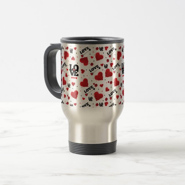 Red Hearts Pattern Valentine's Day Travel Mug (Front Left)
