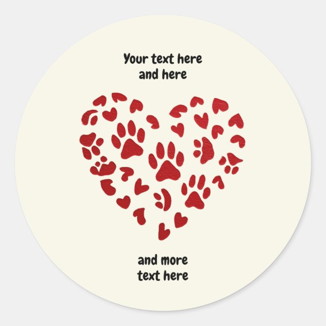 Red Hearts & Paws, Pets, Dogs, Cats, Customizable Classic Round Sticker (Front)