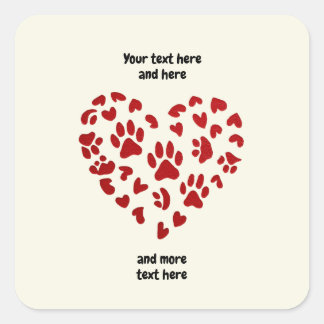 Red Hearts & Paws, Pets, Dogs, Cats, Customizable Square Sticker