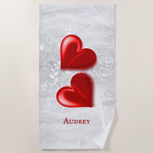 Red Hearts Personalised Beach Towel (Front)