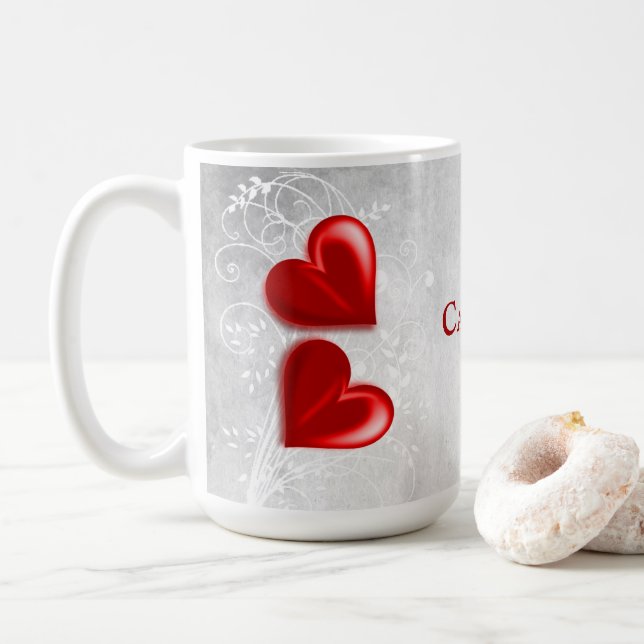 Red Hearts Personalised Coffee Mug (With Donut)