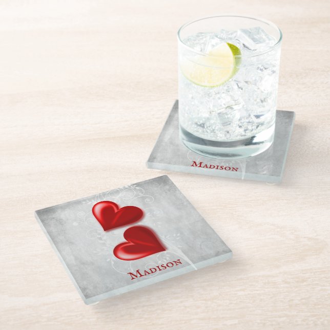 Red Hearts Personalised Glass Coaster (Angled)