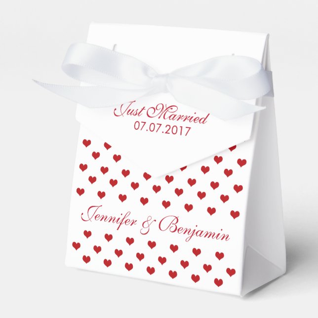 Red Hearts Personalised Names and Date Wedding Favour Box (Front Side)
