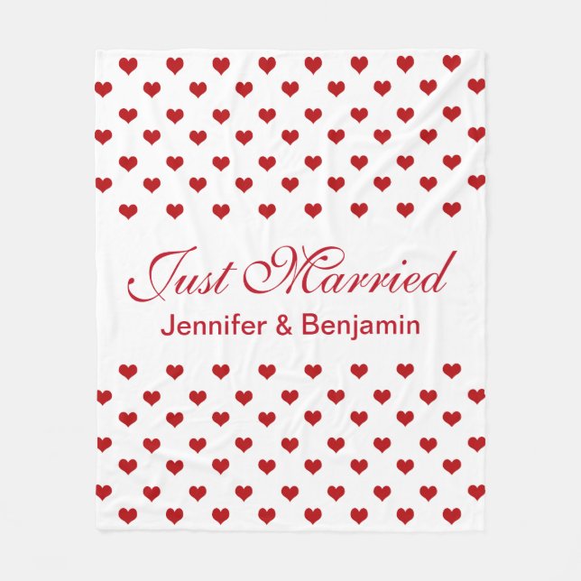 Red Hearts Personalised Names Just Married Wedding Fleece Blanket (Front)